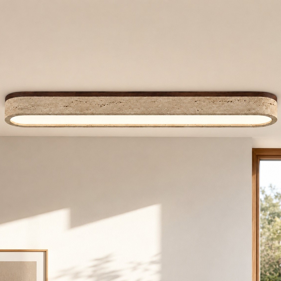 Samue Travertine Wood Linear LED Flush Mount Ceiling Light