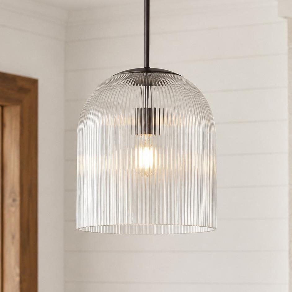 Alain Farmhouse Cooper Ribbed Glass Pendant Light For Dining Room & Kitchen