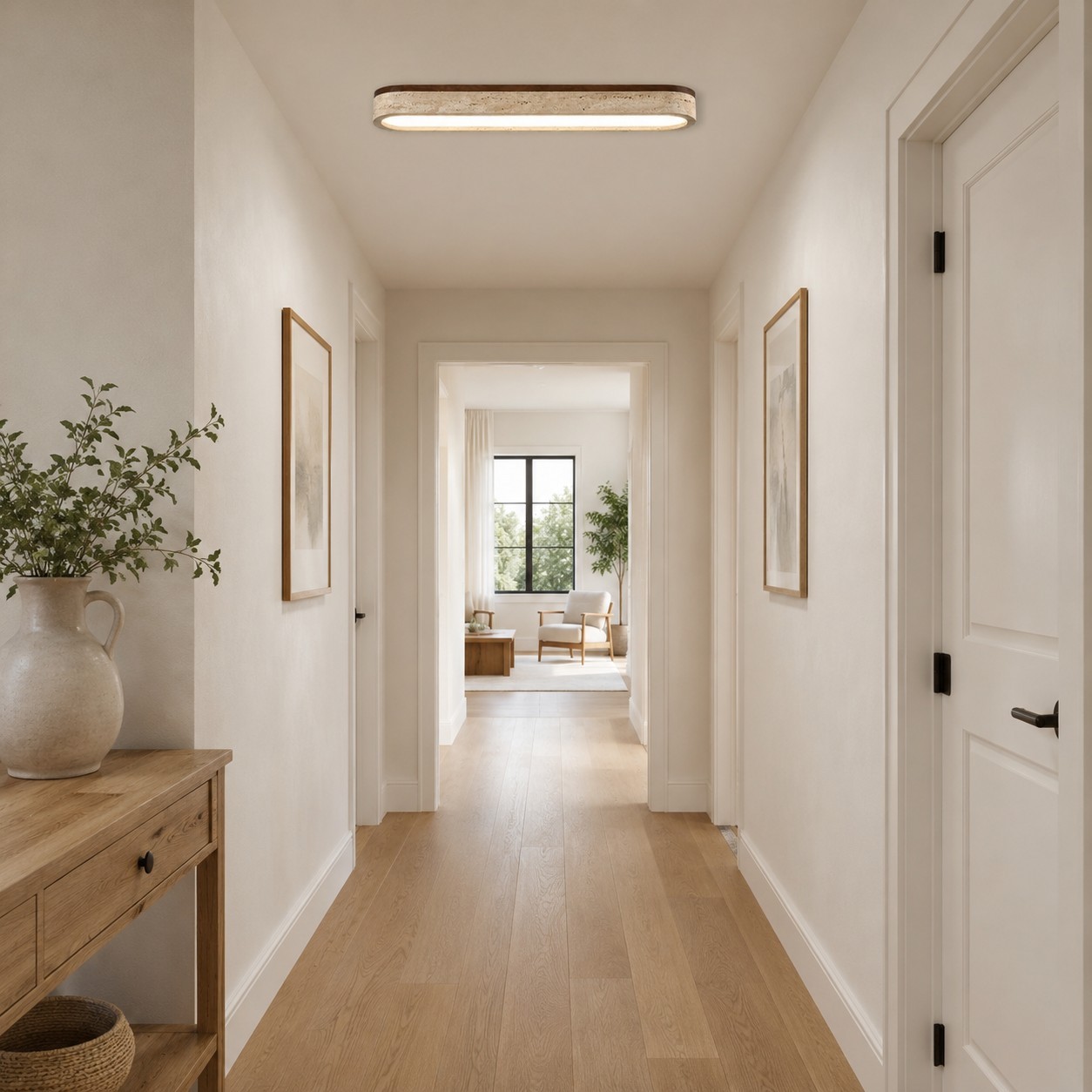 Samue Travertine Wood Linear LED Flush Mount Ceiling Light