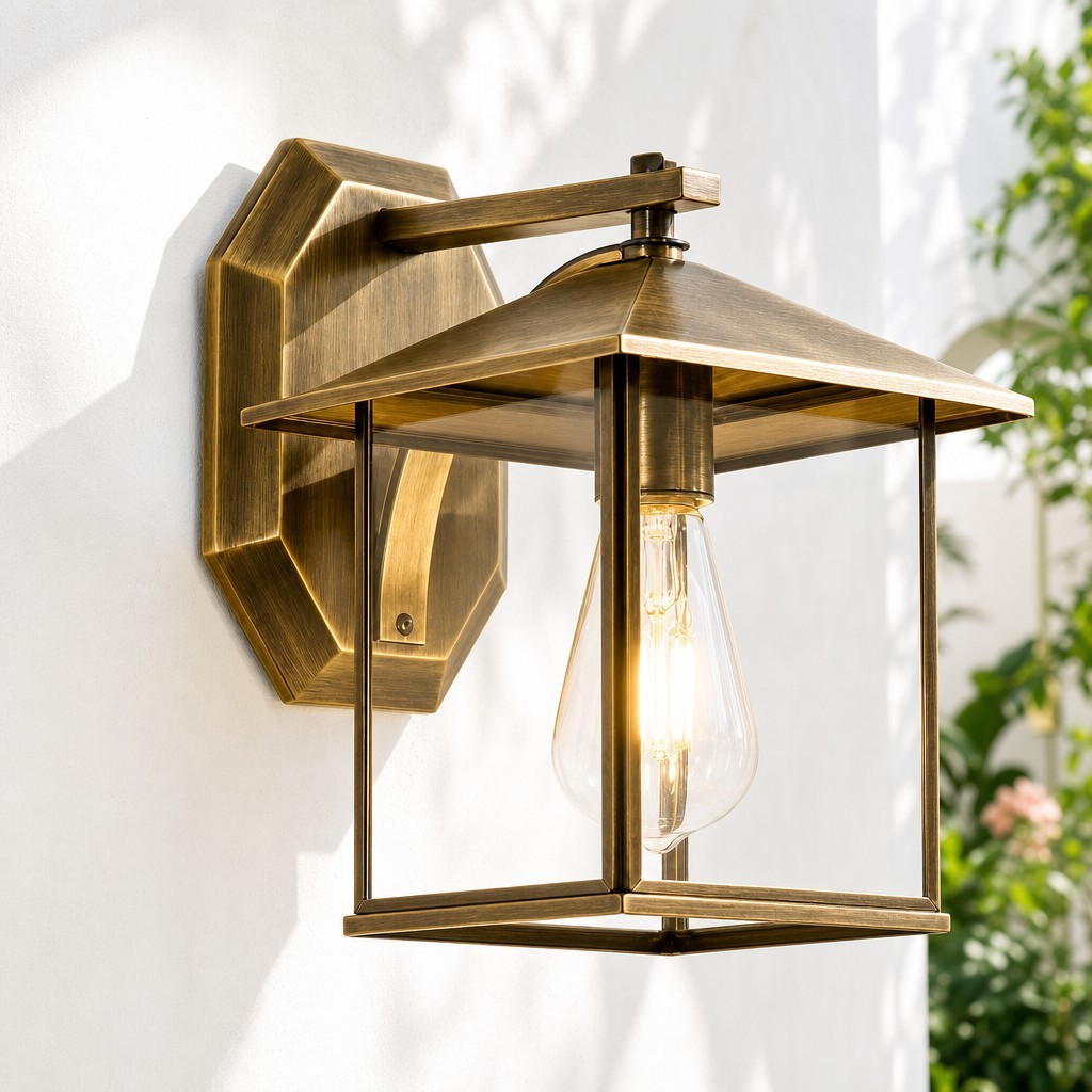 Reid Farmhouse Outdoor Brass Lantern Patio Wall Light