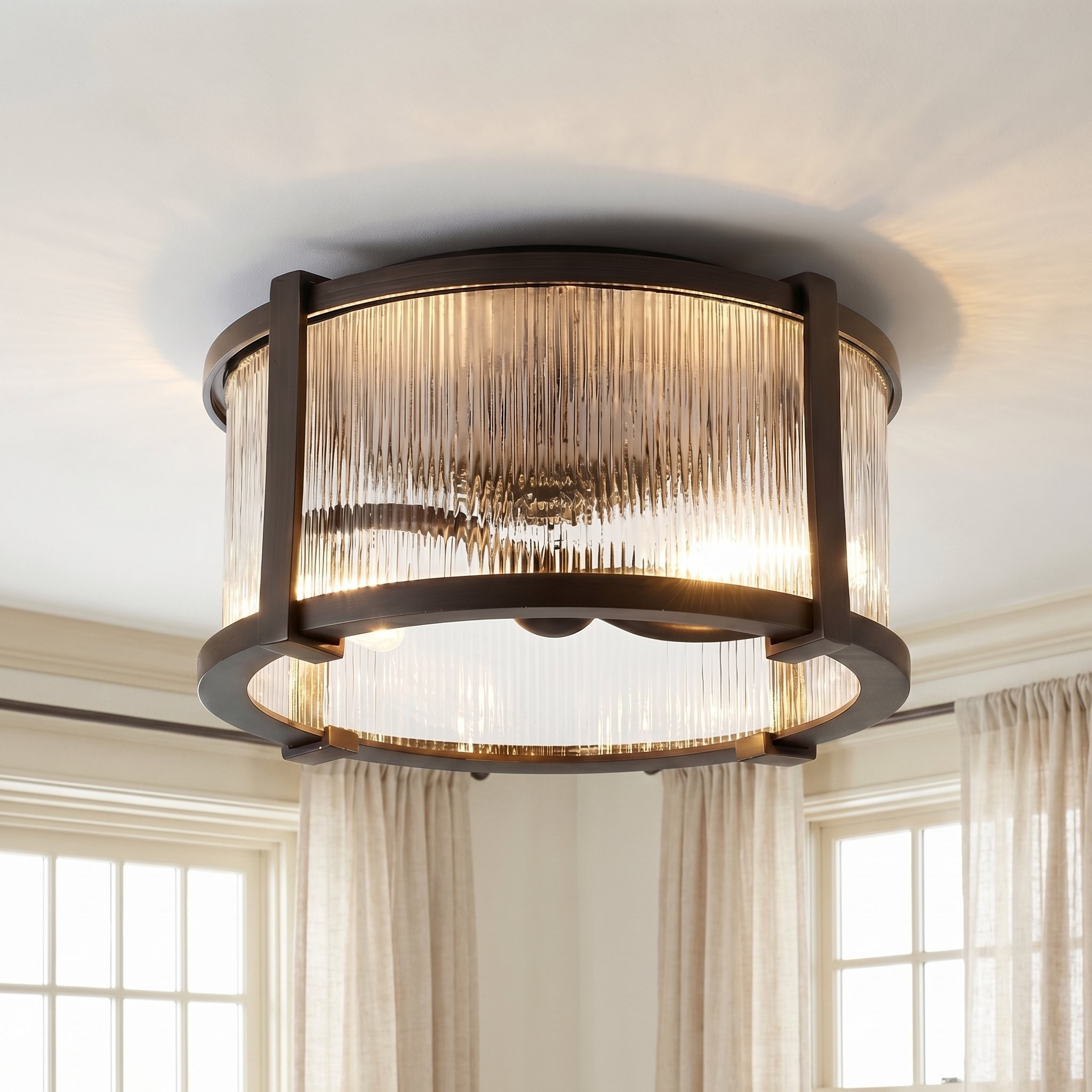 Gillen Vintage Ribbed Glass Drum Flush Mount Ceiling Light