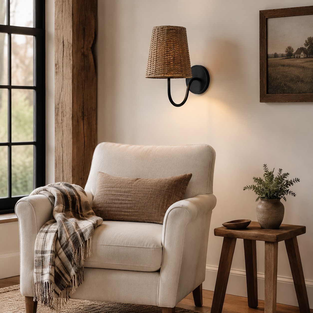 Alfred Farmhouse Rattan Brass Wall Sconce