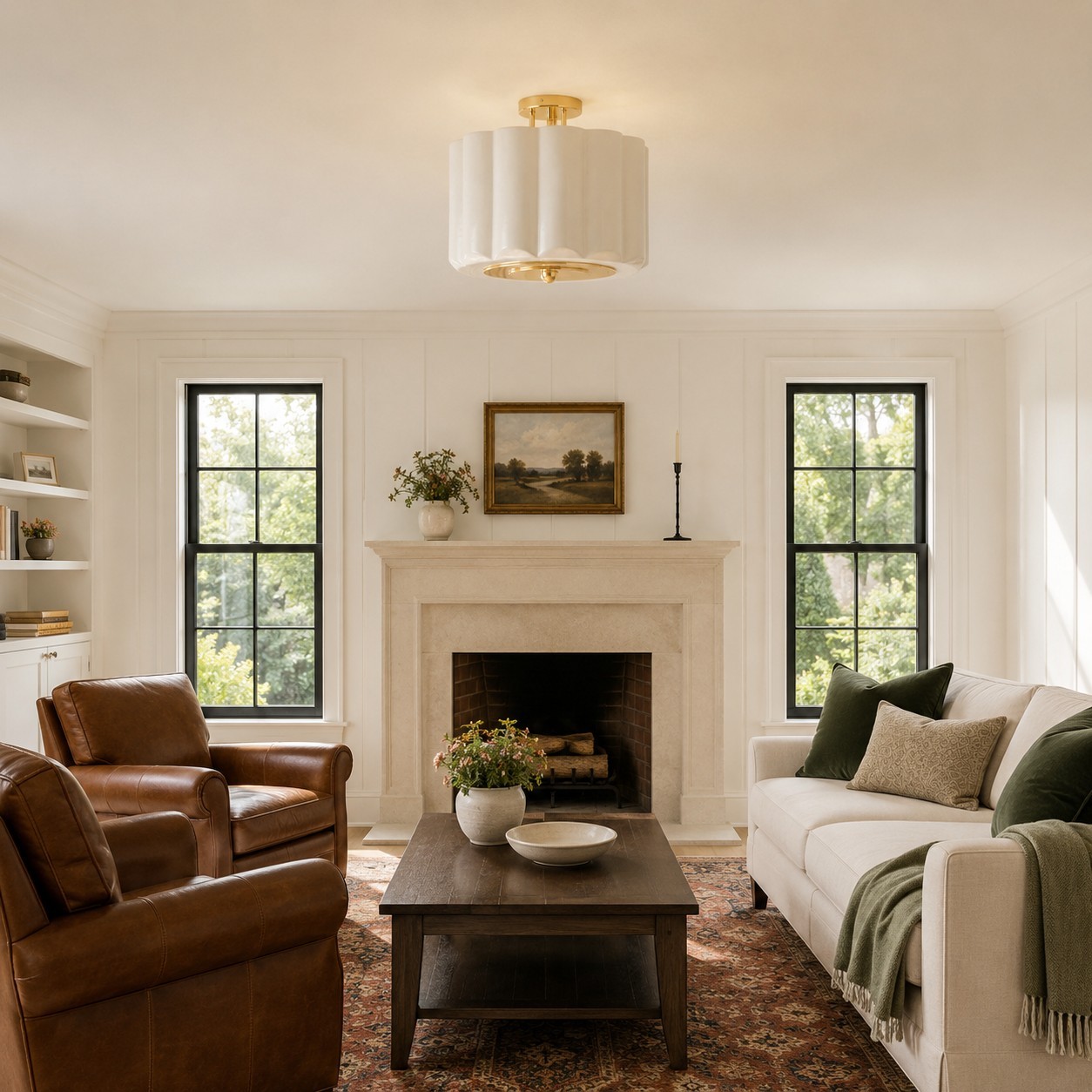 Hanahs Farmhouse Milk Glass Scalloped Shade Ceiling Light
