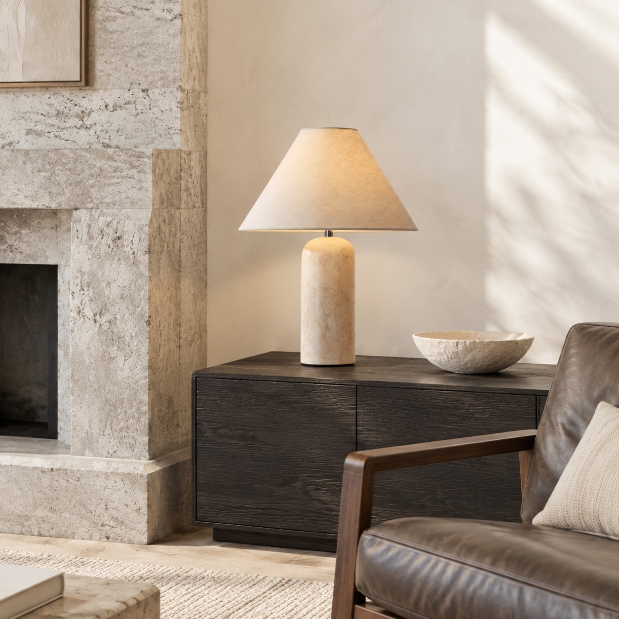 Hamlin Modern Linen & Travertine Cylindrical Table Lamp