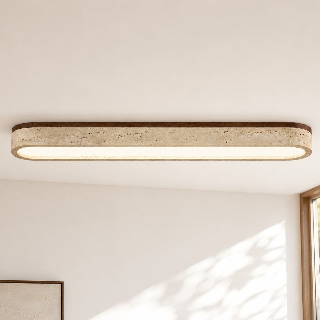 Samue Travertine Wood Linear LED Flush Mount Ceiling Light