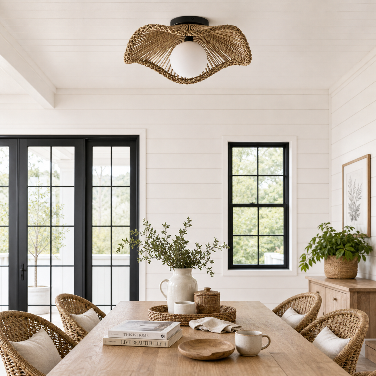 Lovary Bohemian Rattan Flower Flush Mount Ceiling Light