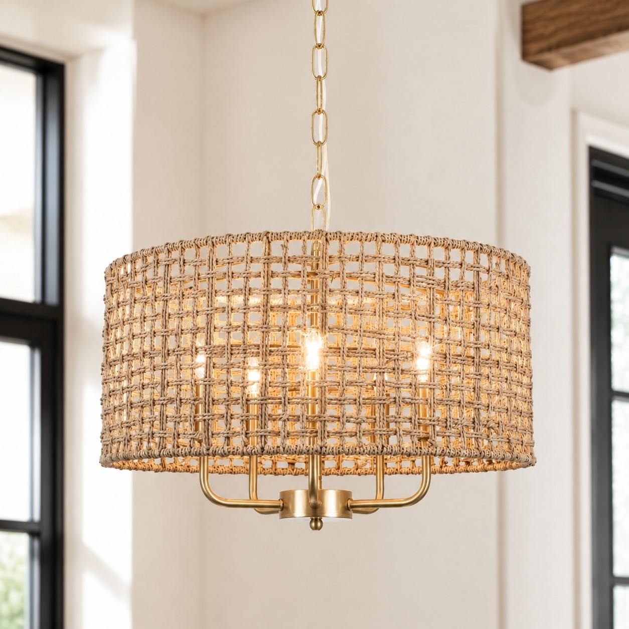 Arlo Bohemian 5 Light Natural Rattan Drum Chandelier