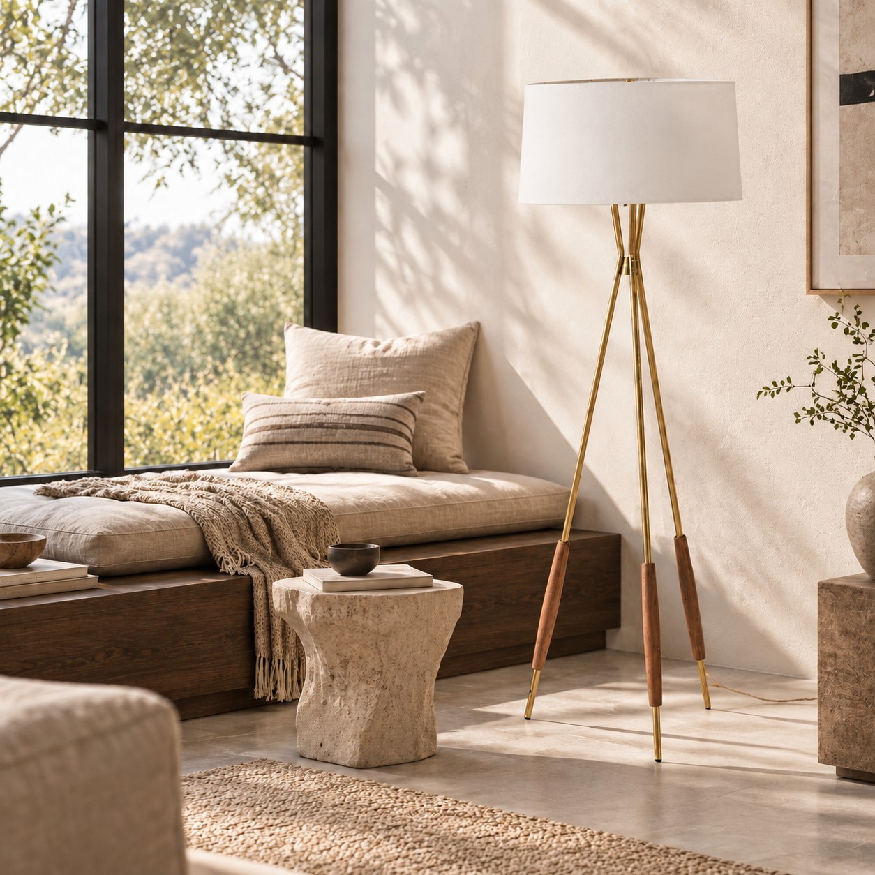 Kimaya Japanese Wabi Sabi Wood Tripod Floor Lamp