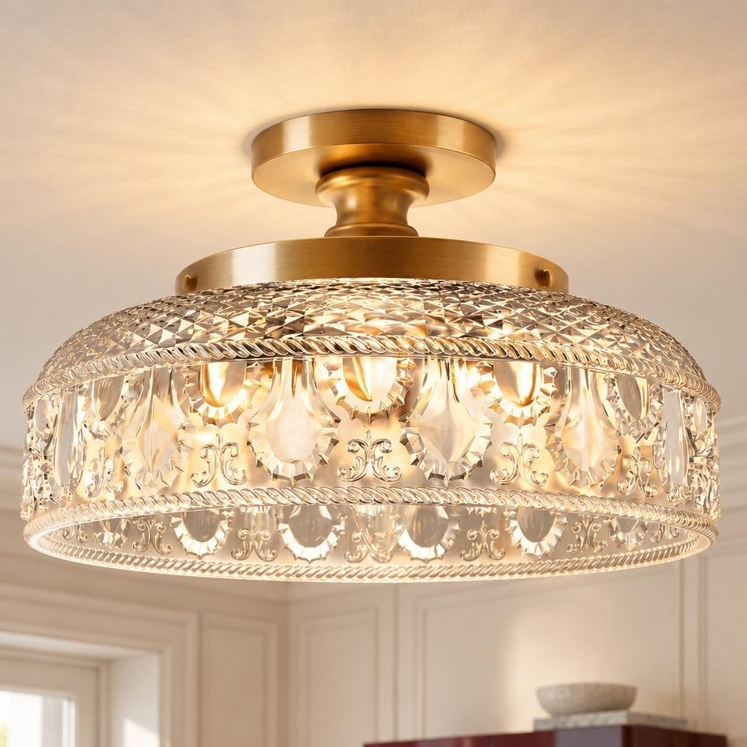 Santos Vintage Hand Carved Floral Clear Glass Semi Flush Mount Ceiling Light