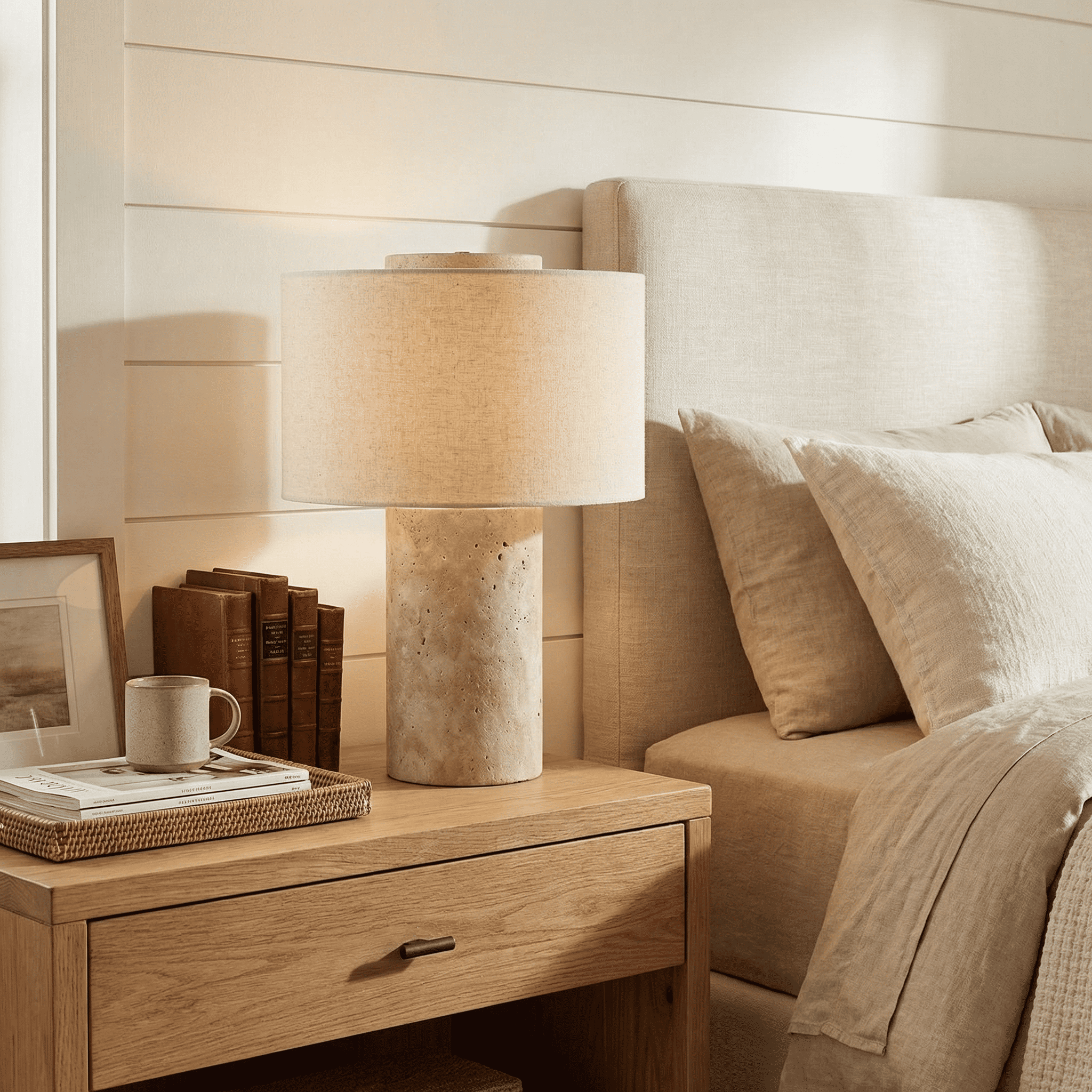 Ilona Modern Travertine Fabric Shade Table Lamp