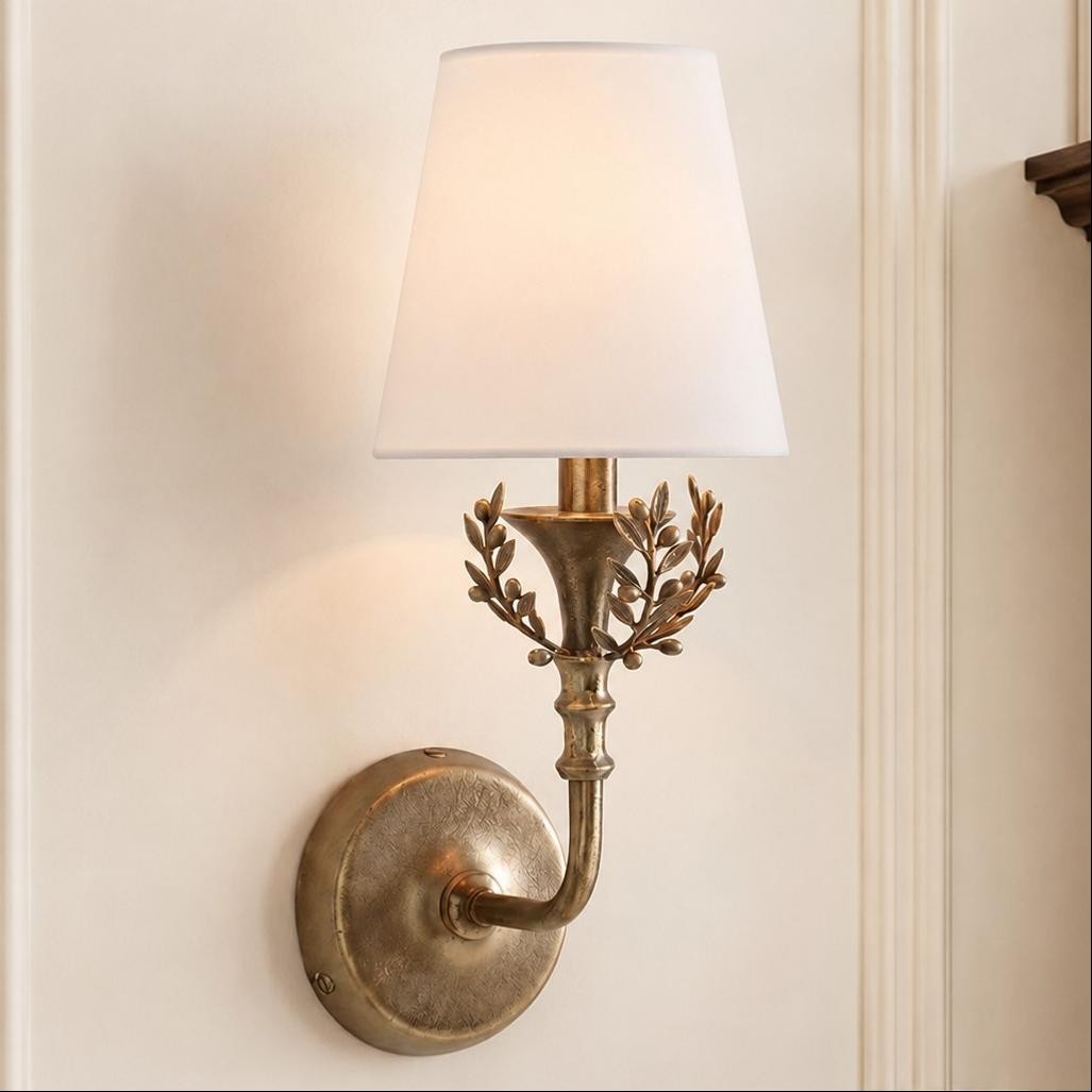 Sylvan Traditional Botanical Brass-Tone Fabric Shade Wall Sconce
