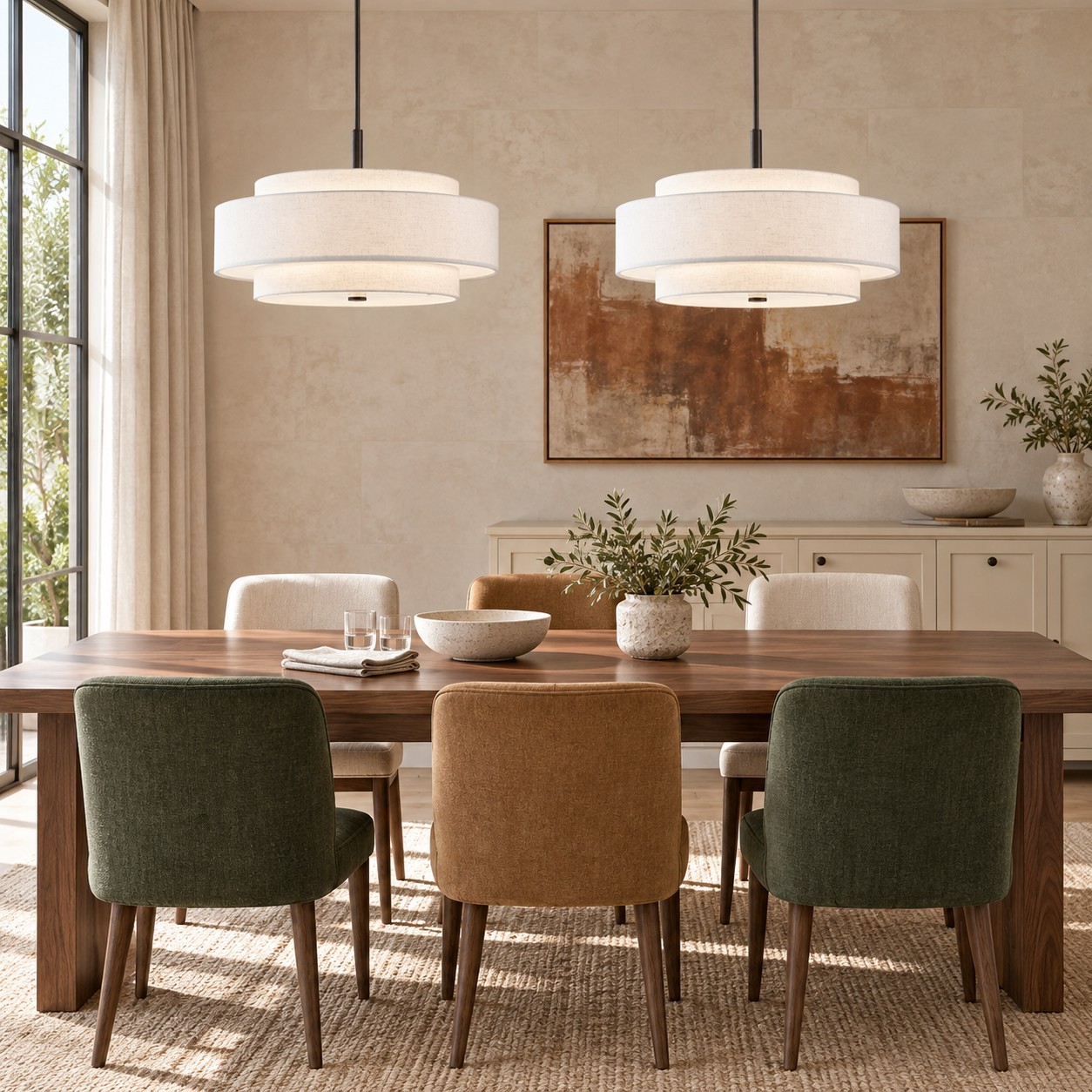 Harlow Linen Blend 5 Light Metal Double Tier Drum Pendant Light