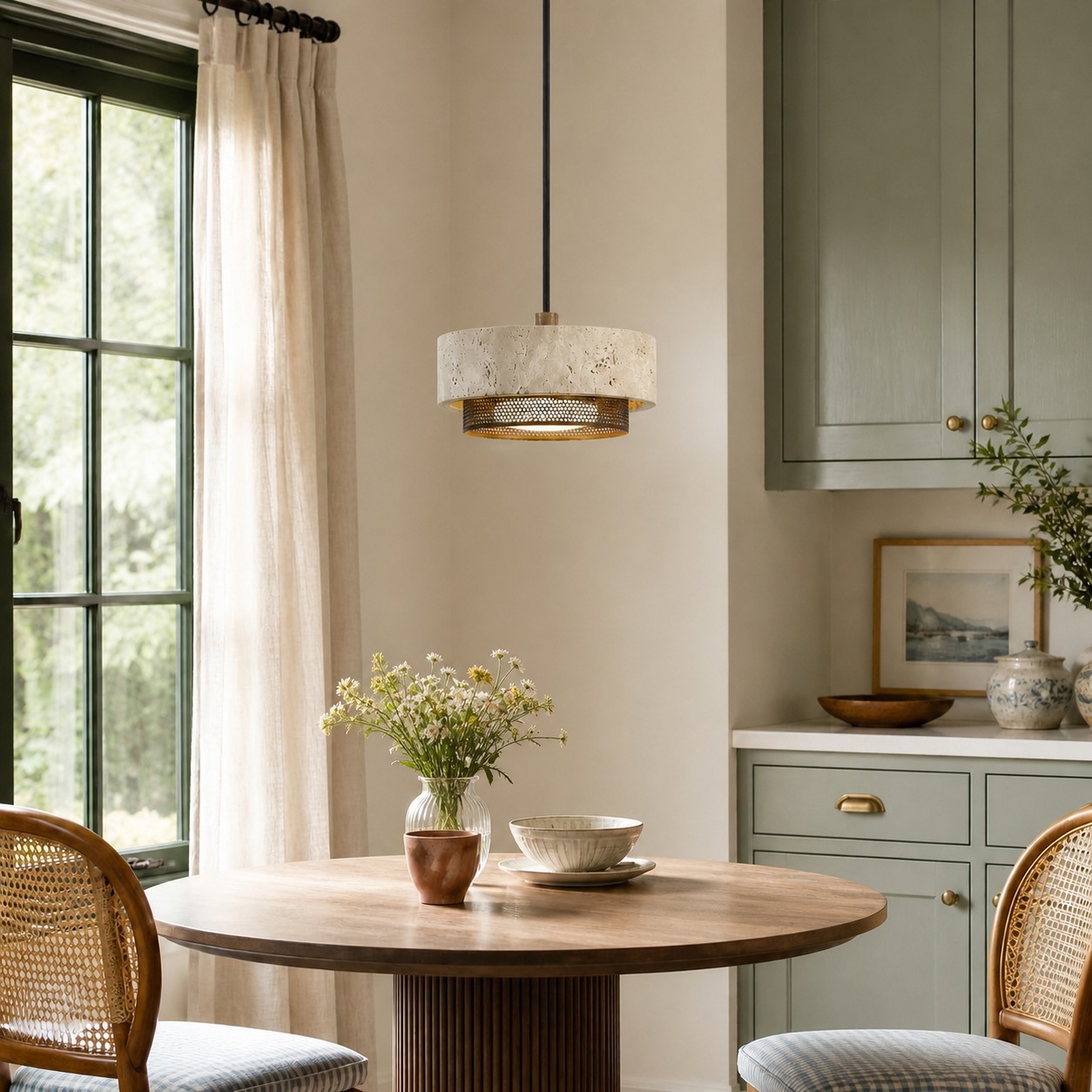 Calista Contemporary Travertine Metal Mesh Drum Pendant Light