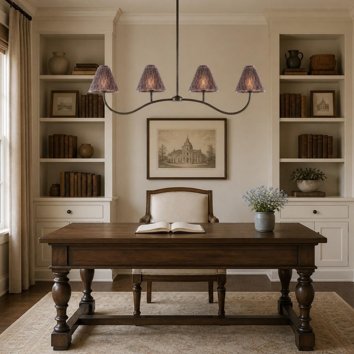 Mirelle French Country Style Pleated Floral Fabric Linear Four-Light Pendant Light