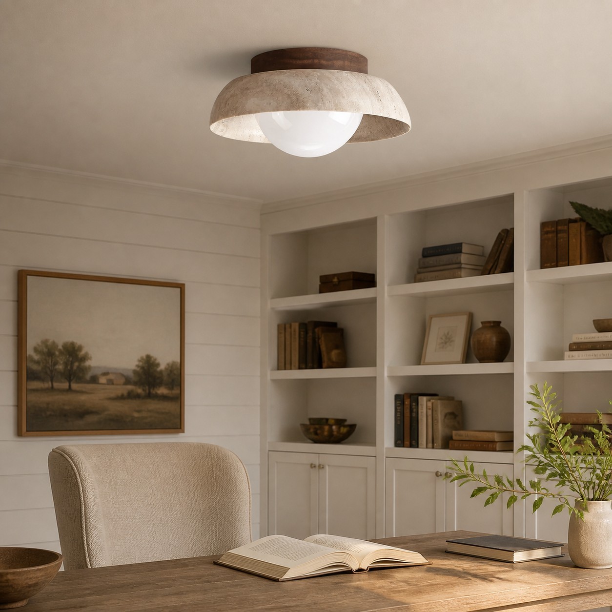 Arthur Modern Travertine Round Semi Globe Ceiling Light