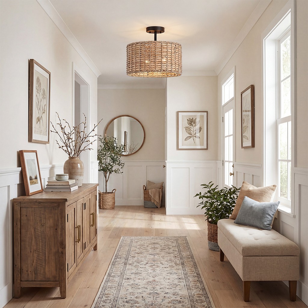 Lannister Coastal 2-Light Semi-Flush Mount Ceiling Light with Hand Woven Drum Shade for Bedroom
