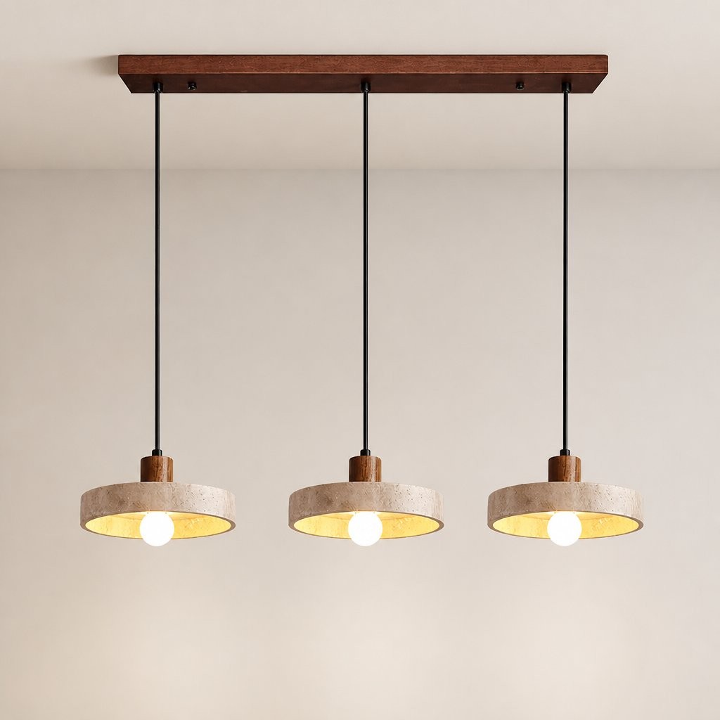 Harlow Wabi-Sabi Travertine & Wood Circular Pendant Light