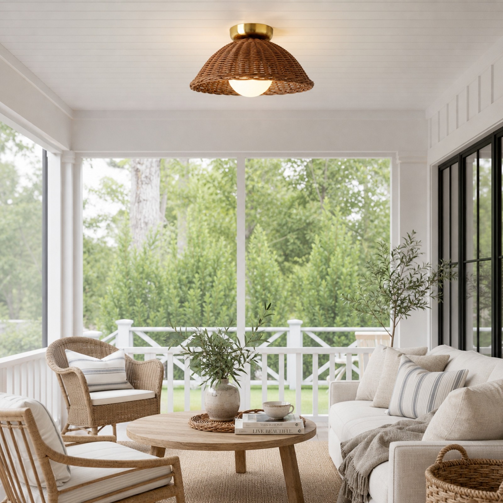 Allyson Farmhouse Rattan Flush Mount Ceiling Light