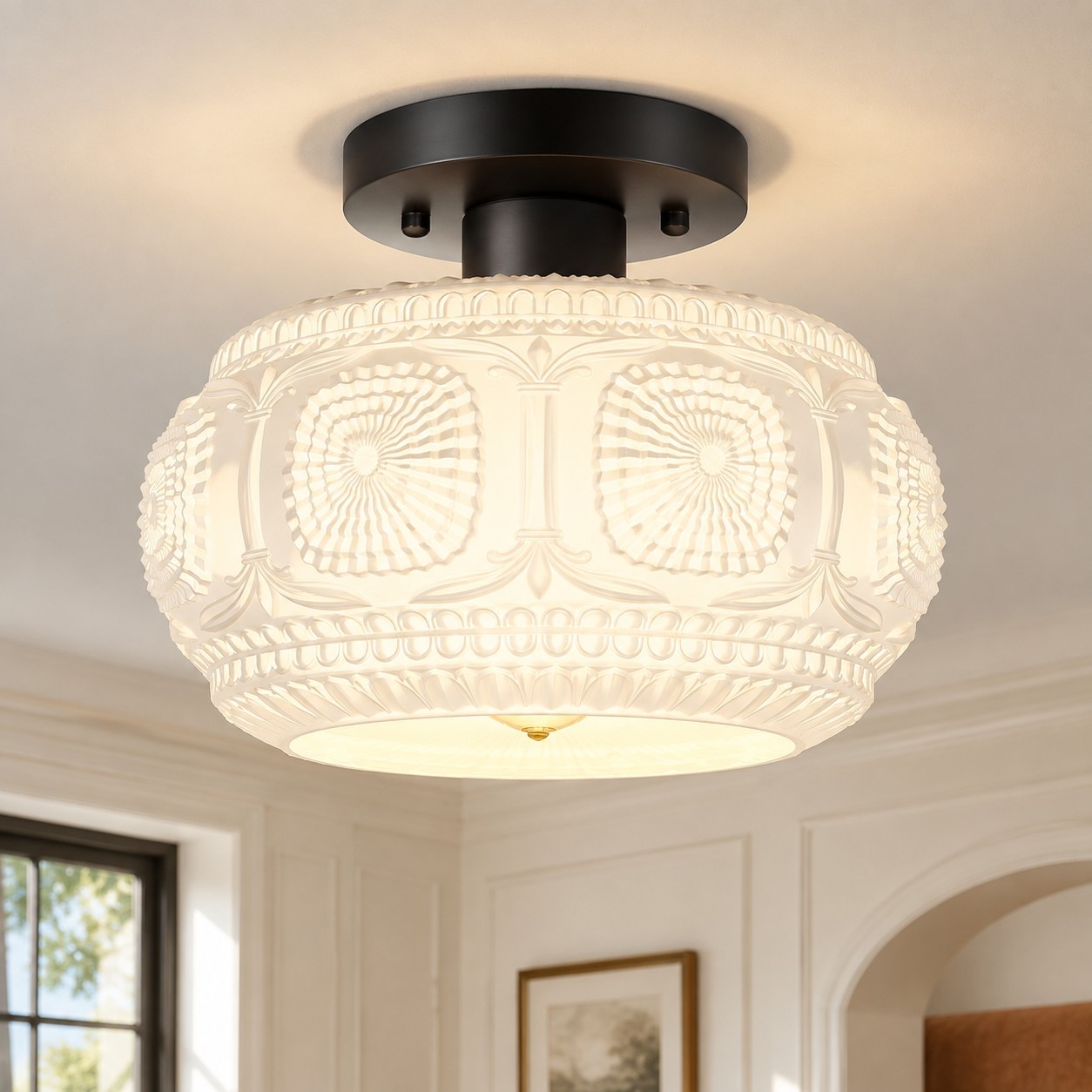 Ixionis Retro Carved Glass Semi Flush Ceiling Light