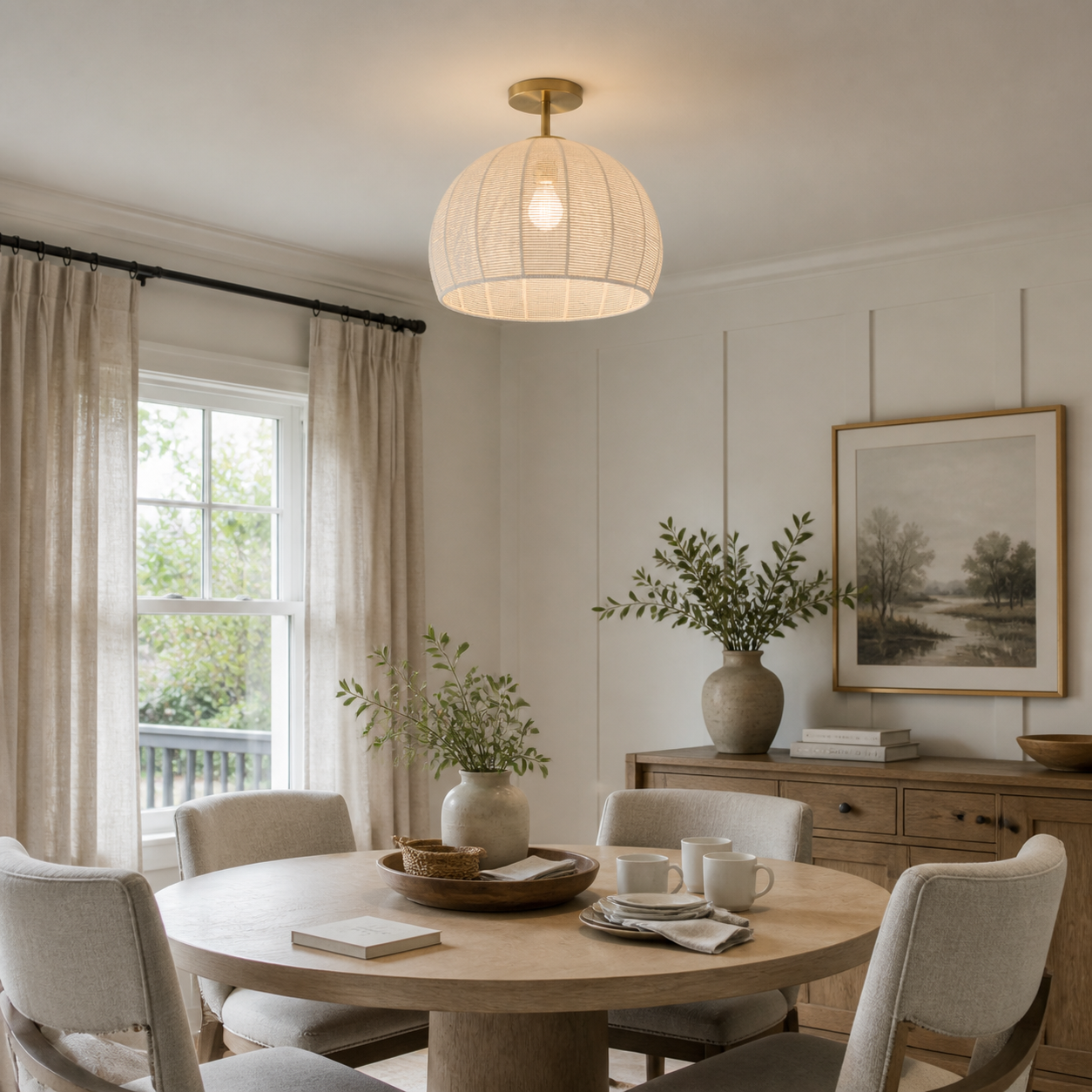 Dronor Ivory Woven Rope Globe Semi Flush Mount Light