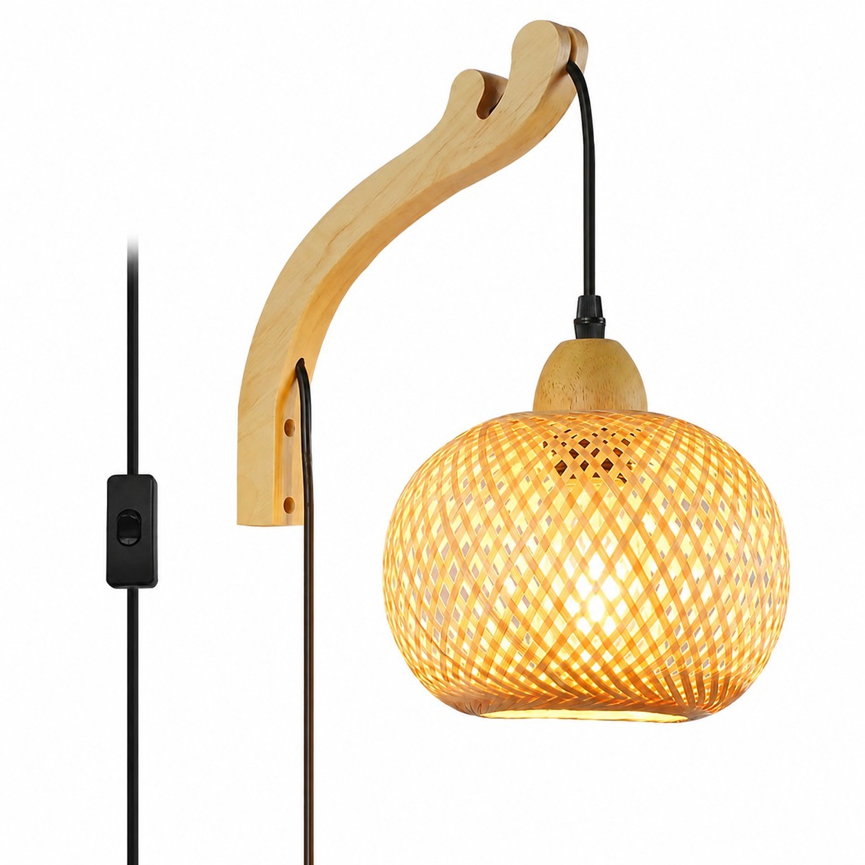 Deyron Rattan Hanging Wood Plug In Wall Mounted Lamp