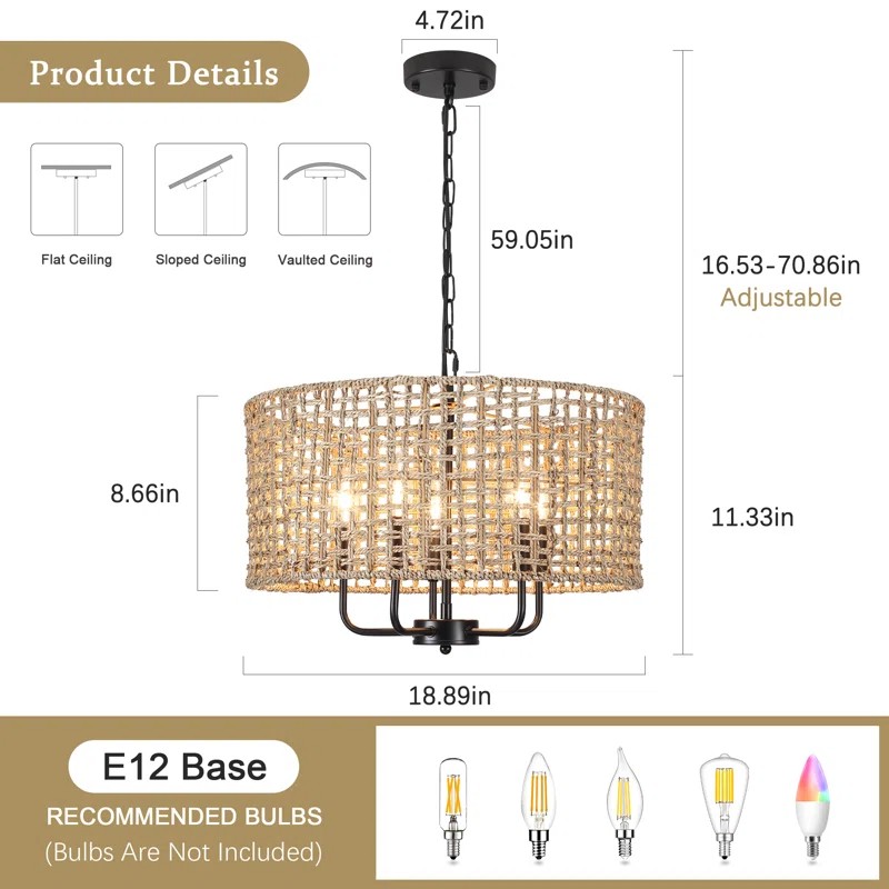Arlo Bohemian 5 Light Natural Rattan Drum Chandelier