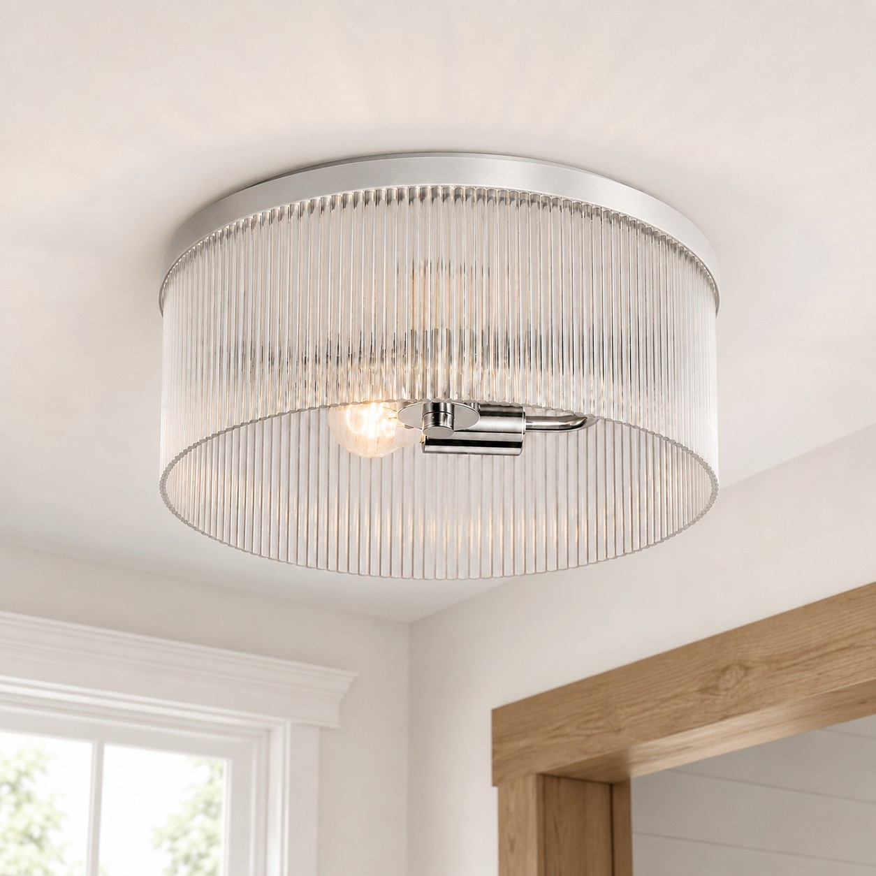 Sylan Farmhouse Round Ribbed Glass Flush Mount Ceiling Light