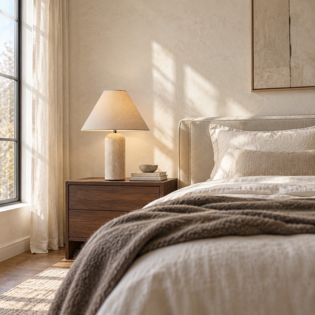 Hamlin Modern Linen & Travertine Cylindrical Table Lamp