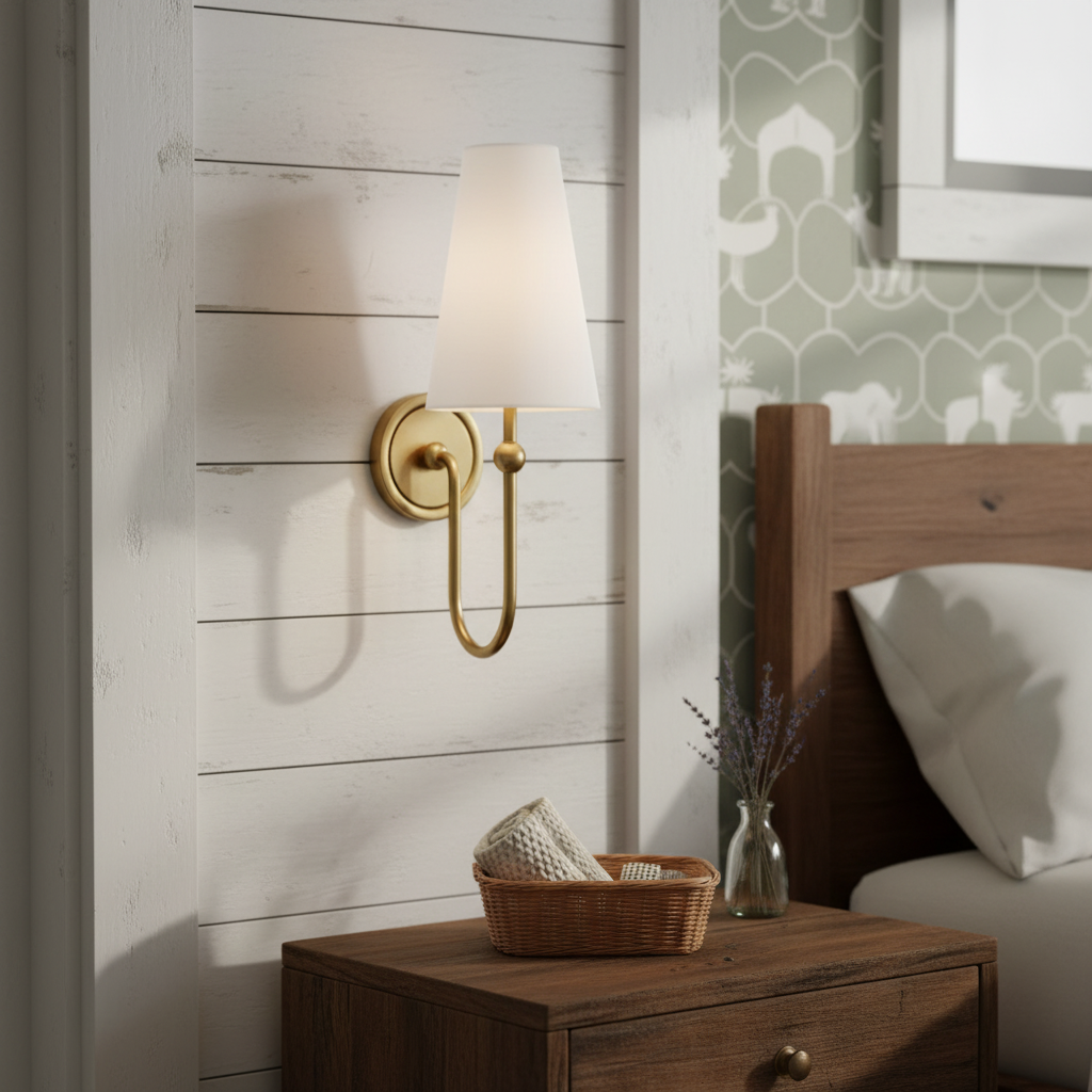 Azon Country Linen Brass Swan Neck Wall Light