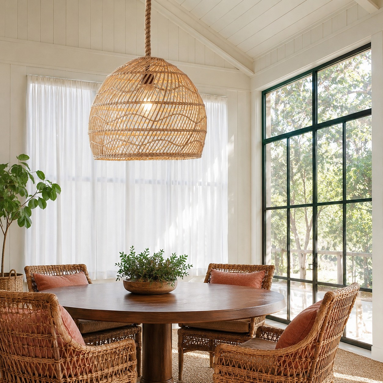 Laura Bohemian Style Bleached Rattan Pendant Light