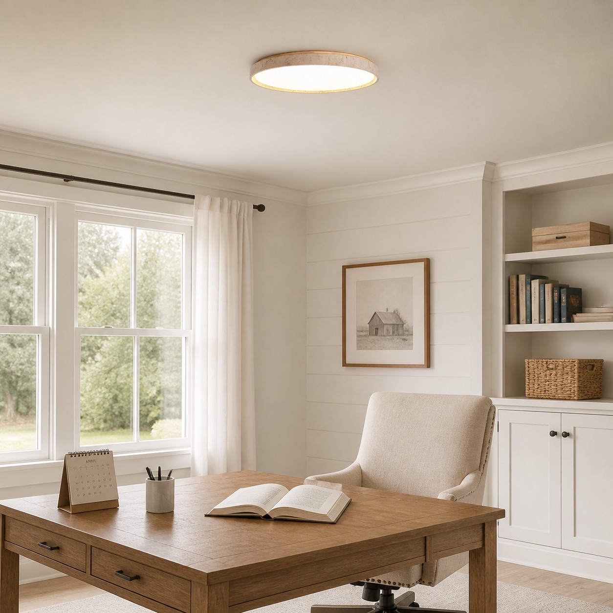 Veyran Minimalist Travertine Round LED Flush Mount Ceiling Light