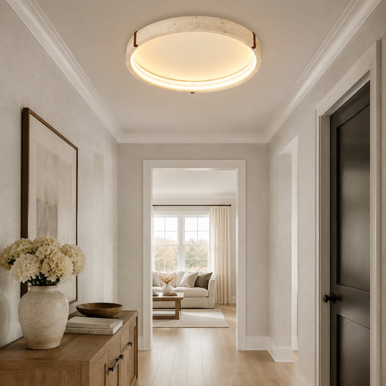 Anouk Modern Round Travertine LED Flush Mount Ceiling Light