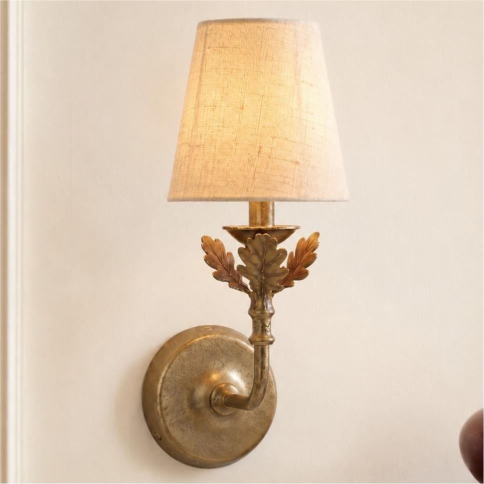 Sylvan Traditional Botanical Brass-Tone Fabric Shade Wall Sconce
