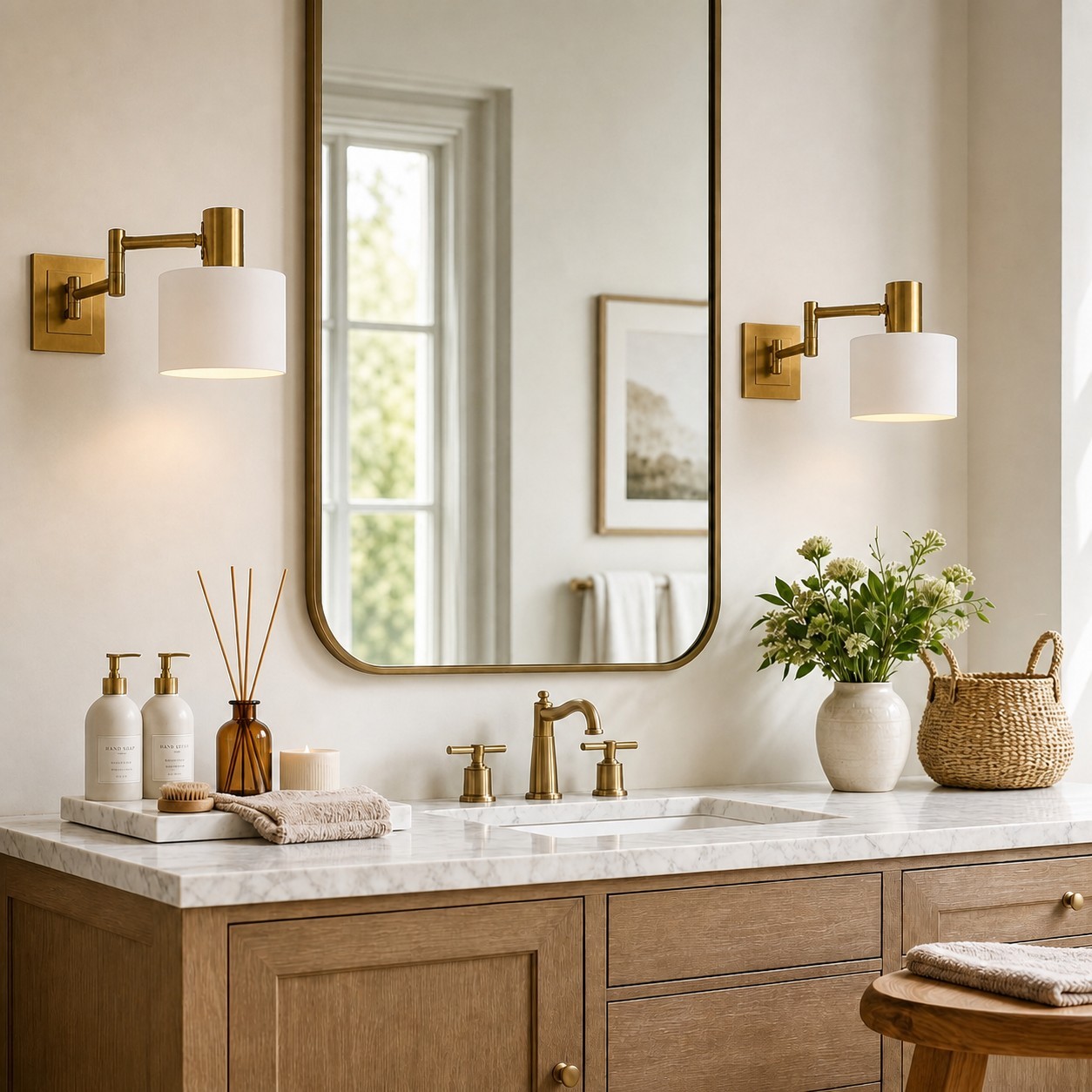 Aura Elegant Brass Swing Arm Porcelain Wall Sconce
