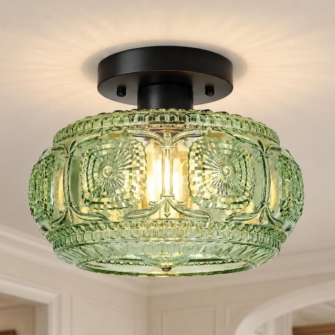 Ixionis Retro Carved Glass Semi Flush Ceiling Light