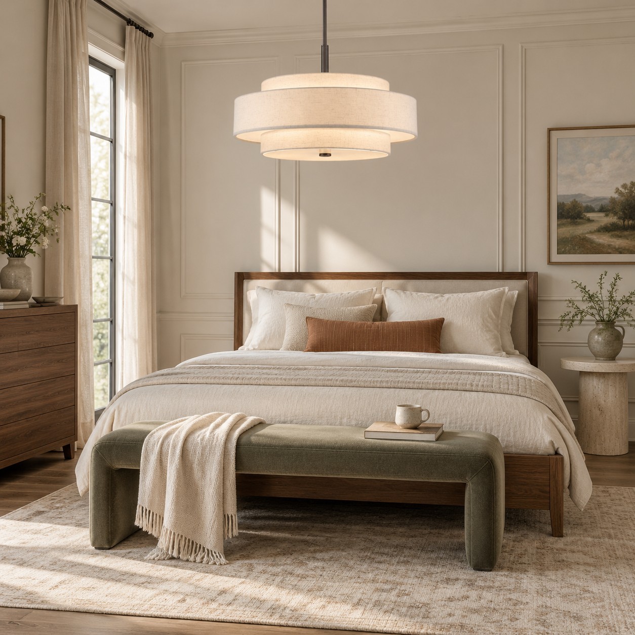 Harlow Linen Blend 5 Light Metal Double Tier Drum Pendant Light