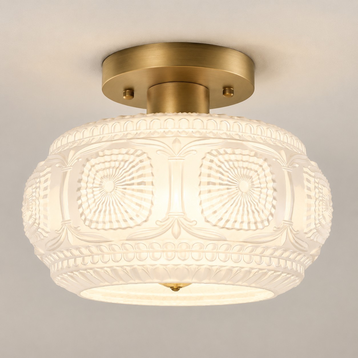 Ixionis Retro Carved Glass Semi Flush Ceiling Light