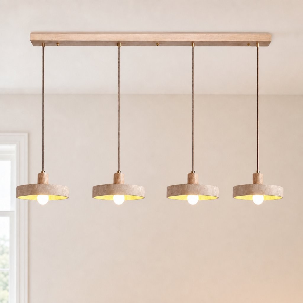 Harlow Wabi-Sabi Travertine & Wood Circular Pendant Light