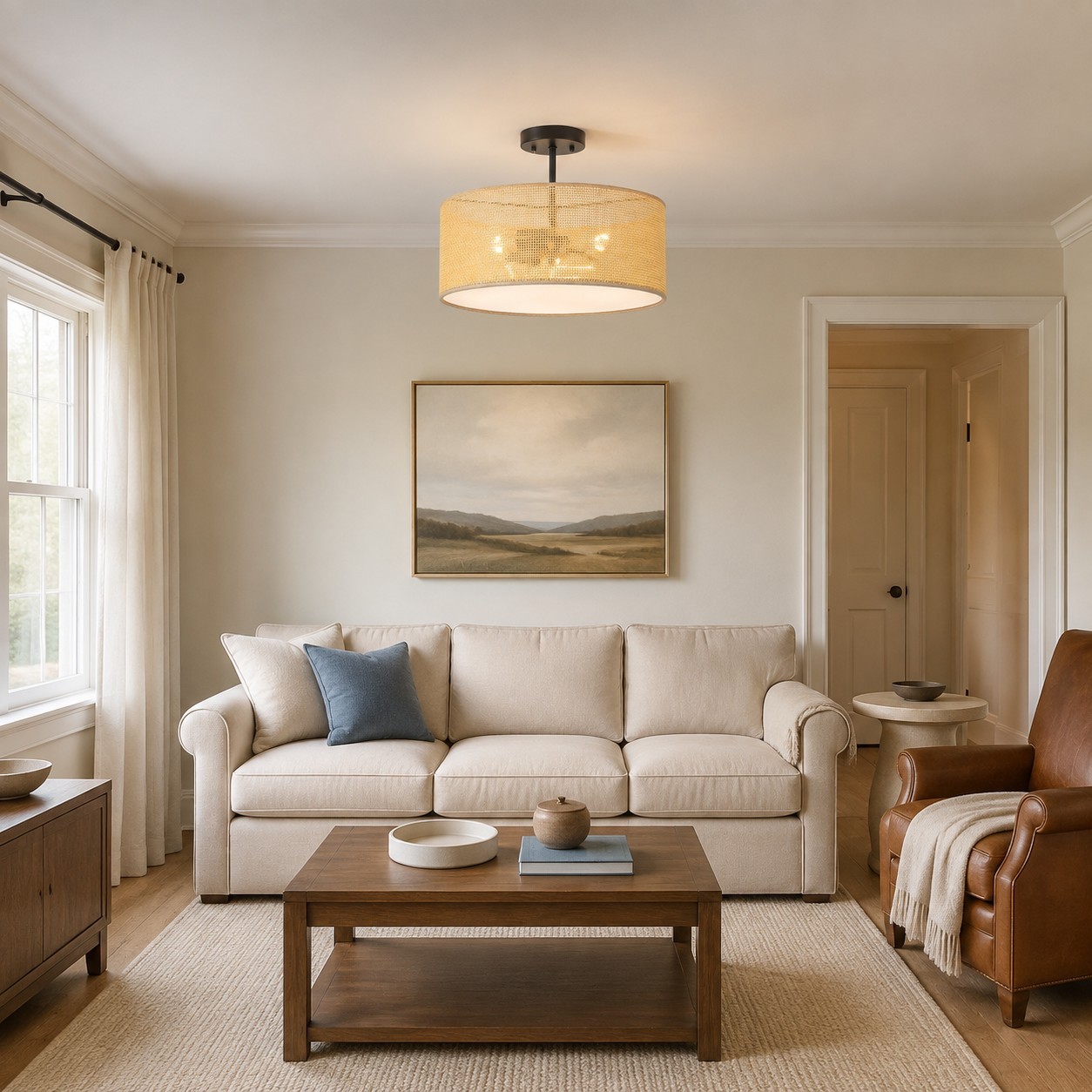 Zaylen Farmhouse Rattan Semi Flush Mount Ceiling Light