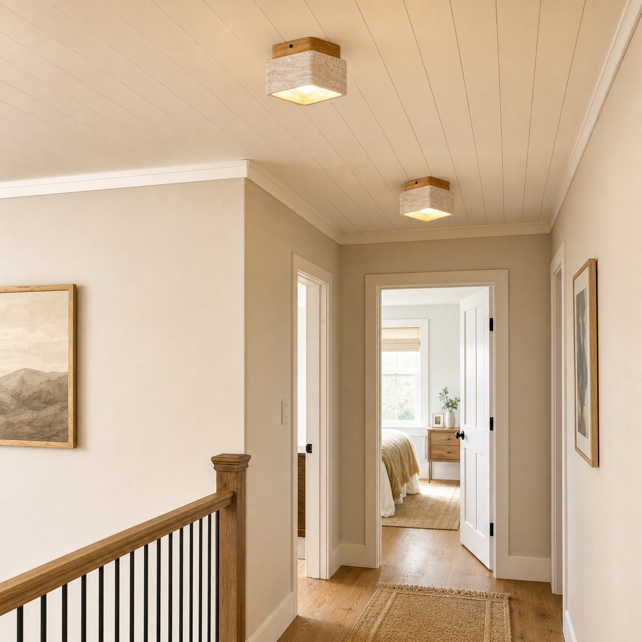 Stella Wabi Sabi Square Travertine Wood Mount Ceiling Light
