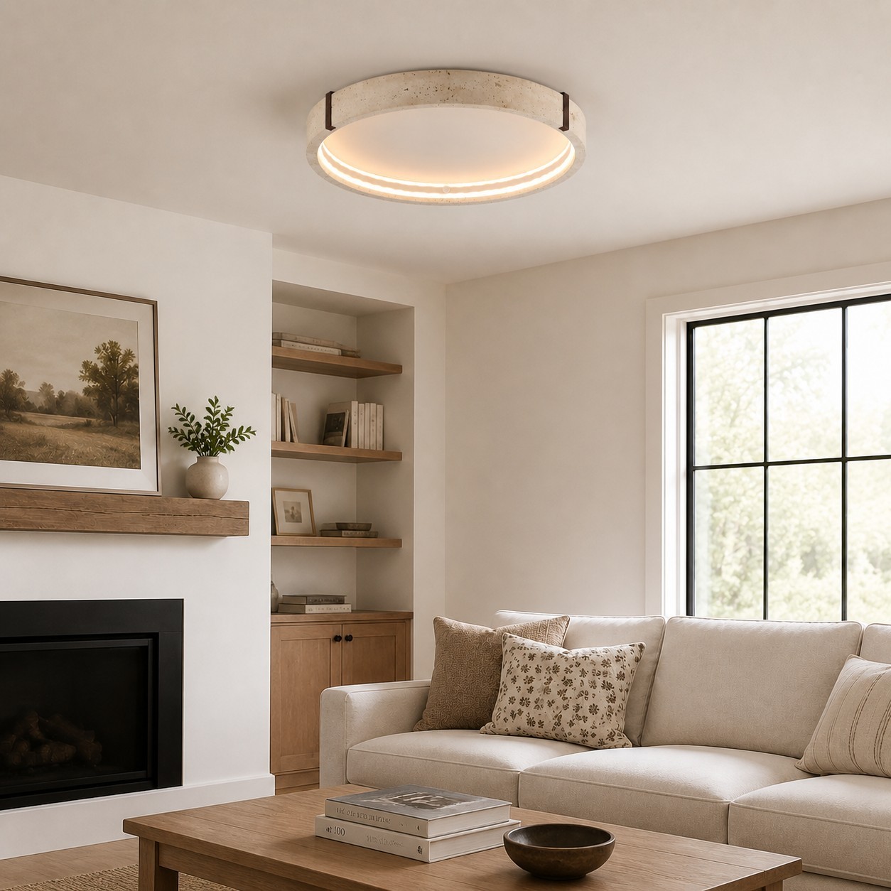 Anouk Modern Round Travertine LED Flush Mount Ceiling Light