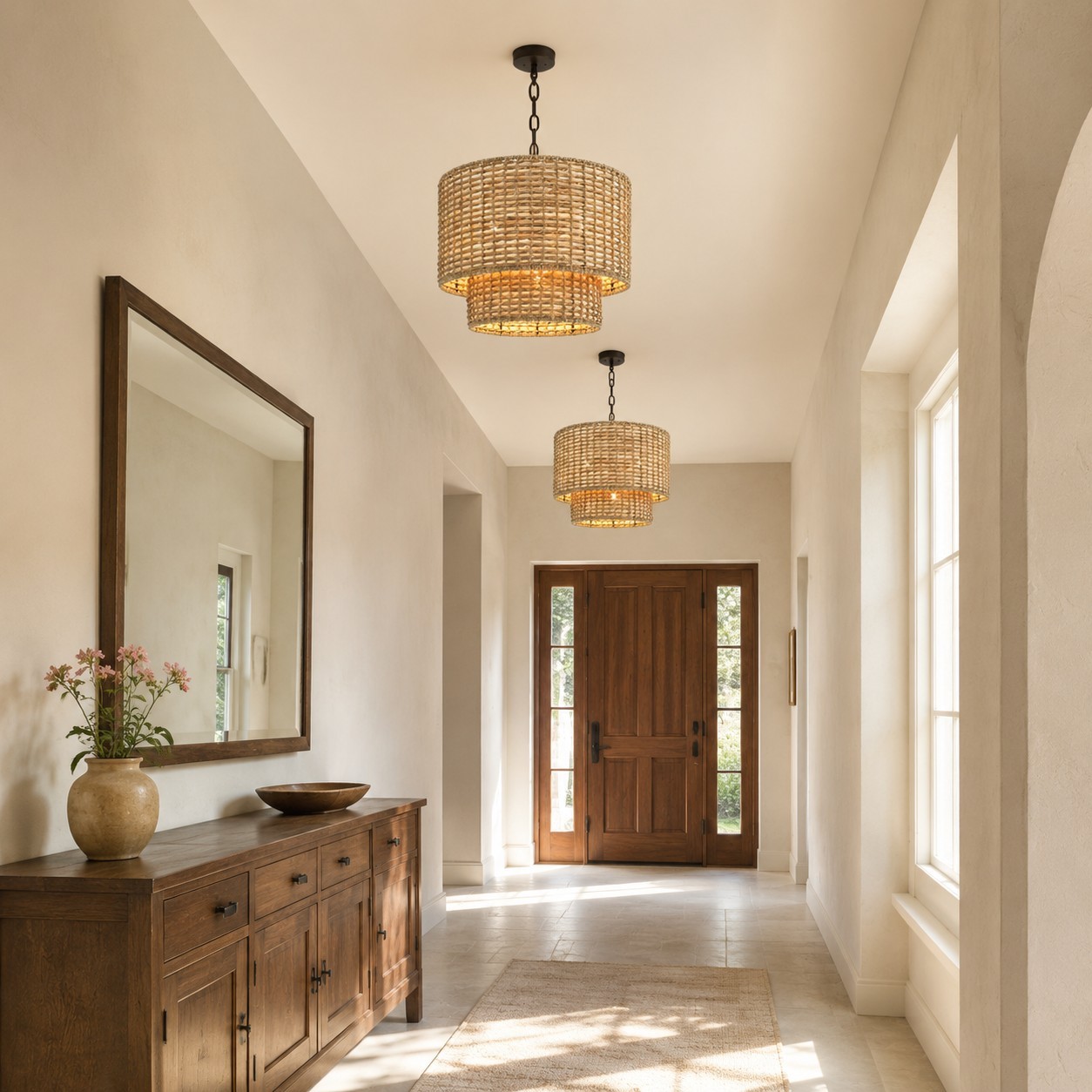 Harland Beachy Natural Rattan Double Drum Pendant Light