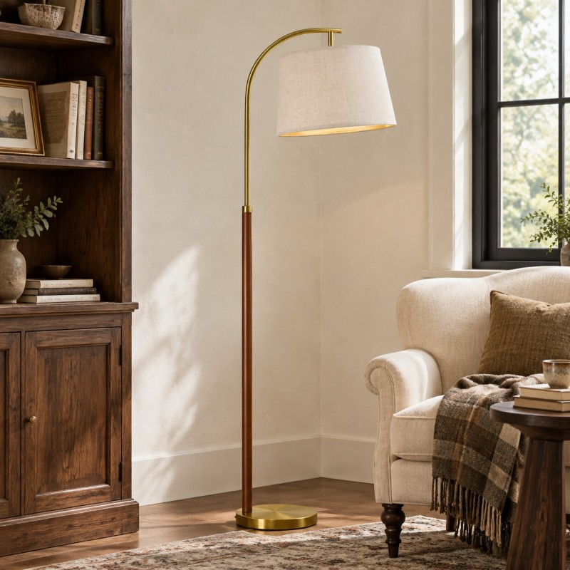 Zaden Vintage Gold Linen Shade Floor Lamp