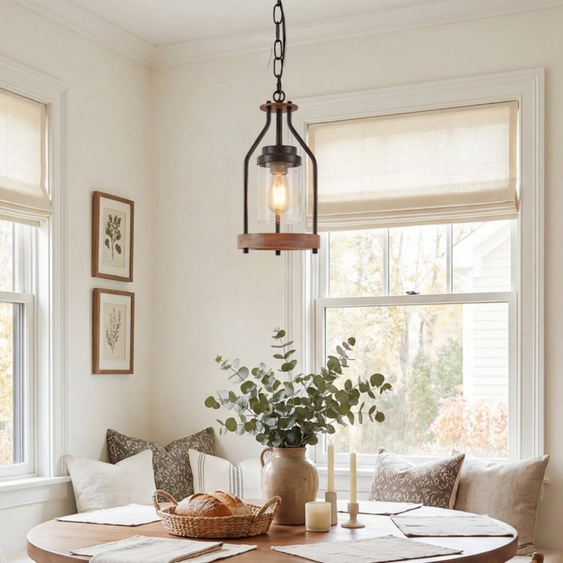 Doran Farmhouse Black Cage Cylinder Glass Pendant Light