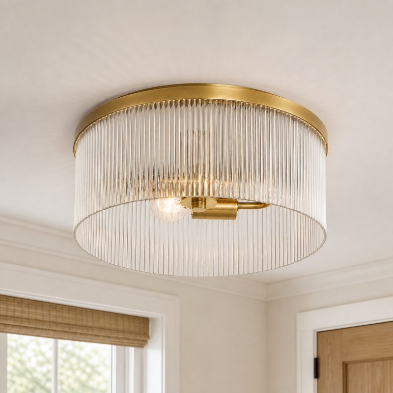 Sylan Farmhouse Round Ribbed Glass Flush Mount Ceiling Light