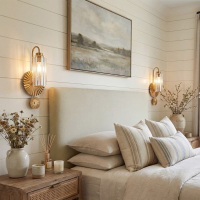 Solstice Brushed Brass Crystal Ribbed Glass Wall Sconce