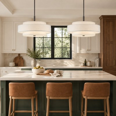 Harlow Linen Blend 5 Light Metal Double Tier Drum Pendant Light Harlow Linen Blend 5 Light Metal Double Tier Drum Pendant Light