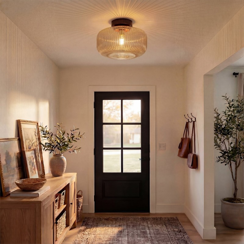 Octavius Farmhouse Retro Amber Fluted Glass Ceiling Light