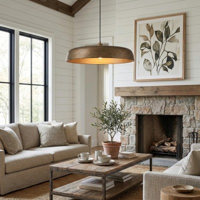 Aeloria Rustic Farmhouse Antique Brass Saucer Pendant Light