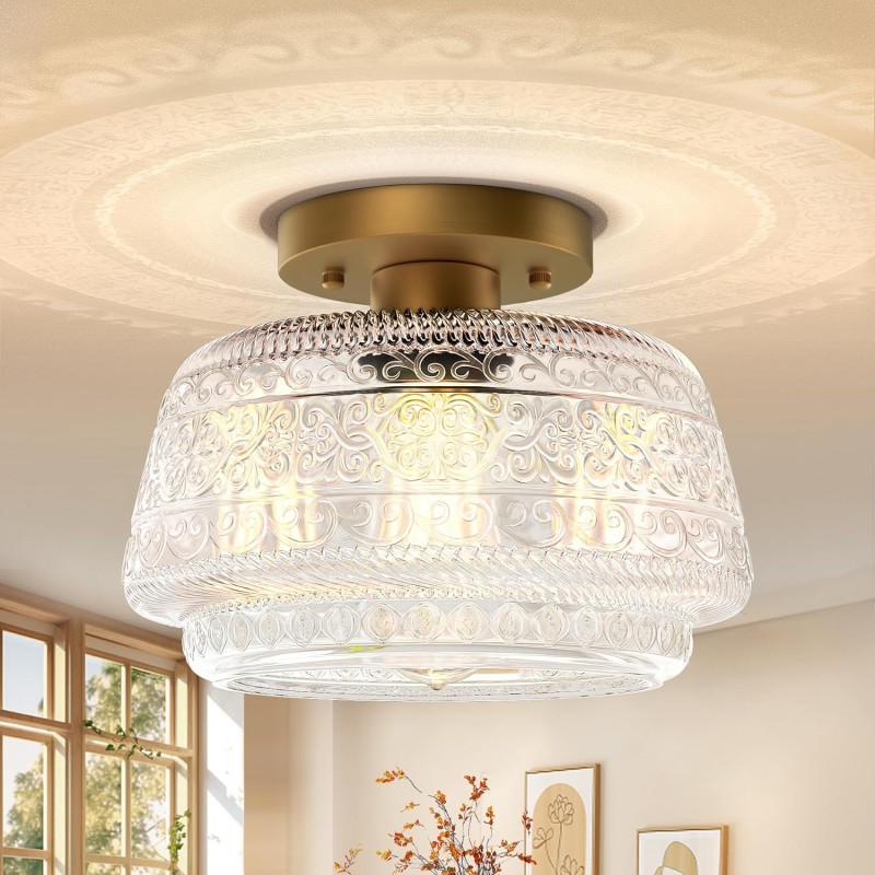 Ixionis Farmhouse Patterned Glass Semi Flush Mount Ceiling Light